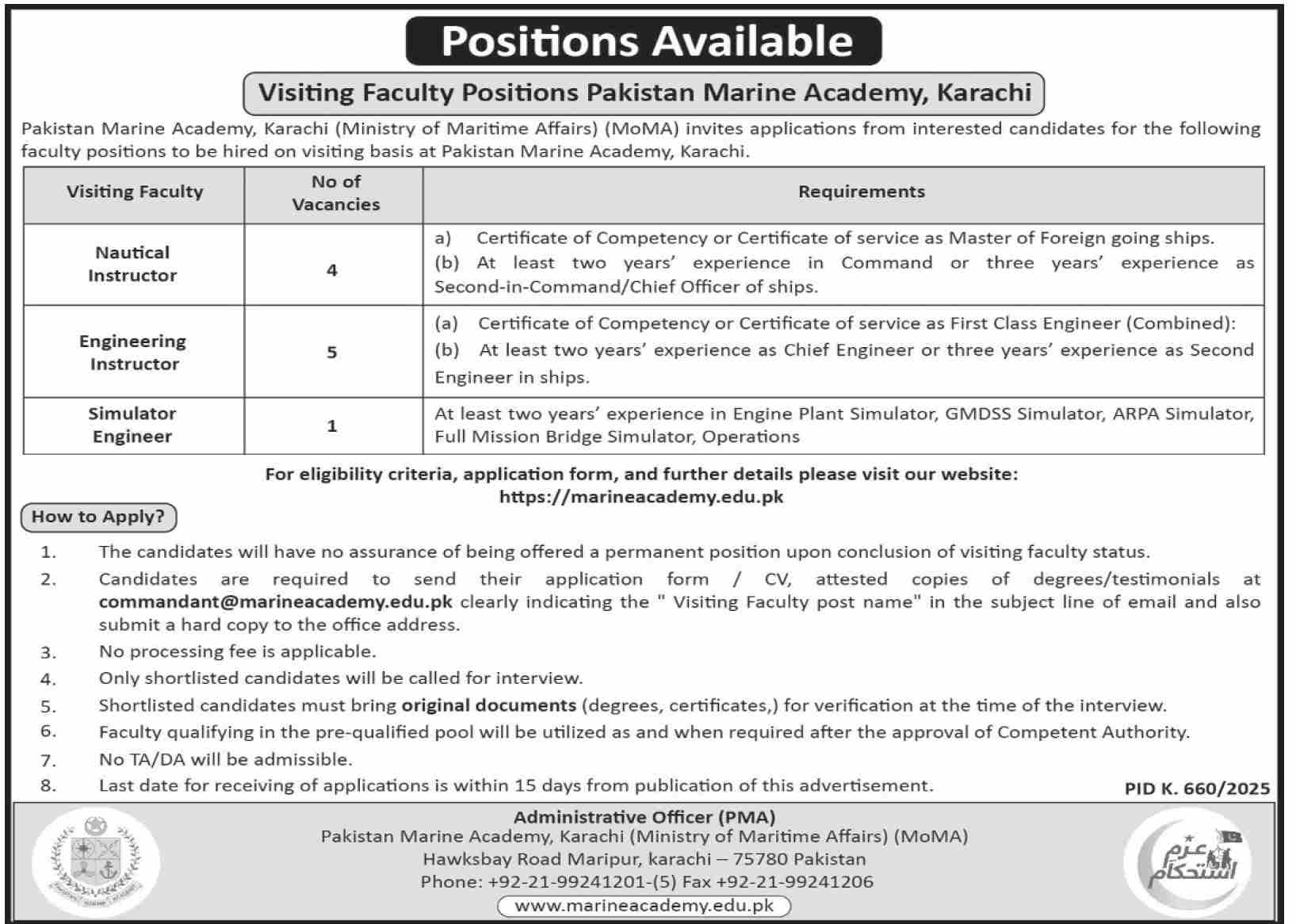 Jobs in Pakistan Marine Academy Karachi
